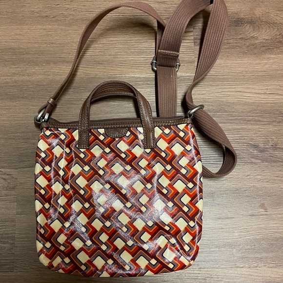 Fossil Keyper Coated Canvas Crossbody Bag Geometric Purple Red - Picture 2 of 4